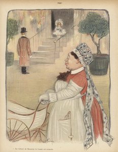 Allerede!: liten jente som svarer på døren (farge litho) av Jules Abel Faivre