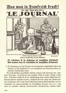 Tysk propaganda som viser forsiden til en fransk avis med en tegneserie som viser statsminister Raymond Poincare spise barna i Ruhr under den franske okkupasjonen av regionen