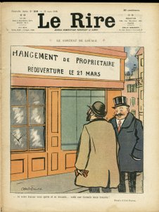 Illustrasjon av Abel Faivre (1867-1945) for omslaget til Le Rire, 21/03/08 - Leiekontrakten - Arkitektur Byplanlegging, bryllup, utroskap, butikker av Jules Abel Faivre