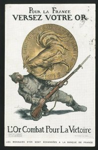 Postkort, Satirique en Colours, ca. 1915: For Frankrike, helle gullet ditt - 14-18-krigen, Tyskland Preussen, sølv, krigerske og symboler, seier, lån, patriotiske reise - Hane - Illustrasjon av Abel Faivre (1867-1945) av Jules Abel Faivre