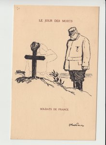 Postkort, Satirique en N & B, ca. 1915: Day of the Dead - War of 14 -18, Mourning Obseques Funerailles - Joffre, Soldiers Illustrasjon av Abel Faivre (1867-1945) av Jules Abel Faivre
