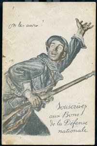 Postkort med abonnement på spranget til det nasjonale forsvaret som viser en soldat som går til fronten og roper "" vi vil ha dem"" av Jules Abel Faivre