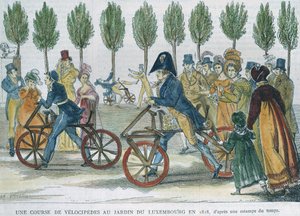 Et velociped-løp ved Jardin du Luxembourg i 1818 etter en gravering fra tiden, gravert av P. Comte (1800-tallet) (fargegravering) av Jules Antoine Duvaux