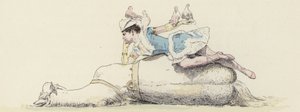 Sirkusartist, liggende på en hest, med duer på armen og hodet (farge litho) av Jules Arsene (after) Garnier