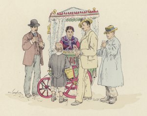 Lemonadeselger på messen (farge litho) av Jules Arsene (after) Garnier