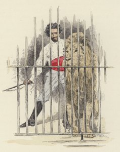Løve og løvetemmer i et bur (farge litho)