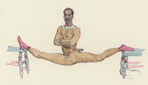 Mannlig turner som gjør splittene (farge litho)