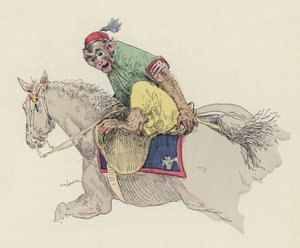 Ape som rir på hest (farge litho)