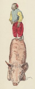 Ape som rir på en gris (farge litho)