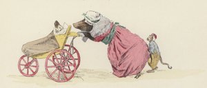 Gris dytter en hund i barnevogn, med en ape bak (farge litho)