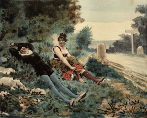 En pariser og en pikardie sitter på gresset. Pantagruel. Illustrasjon av Jules Garnier. I «Rabelais og Jules Garniers verk»
