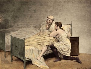 En ung jente som bekjenner seg til bror Royddimet, sittende i sengen sin. Pantagruel. Illustrasjon av Jules Garnier. I «Rabelais et l#39;Oeuvre de Jules Garnier»
