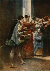 Ved inngangen til en kirke gir Panurge vievann til en kvinne. Pantagruel. Illustrasjon av Jules Garnier. I «Rabelais og Jules Garniers verk»