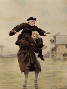 Broder Adam Couscoil bærer broder Ian (Jan) Dodin på skulderen. Pantagruel. Illustrasjon av Jules Garnier. I «Rabelais og Jules Garniers verk»