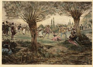 Dansere og musikere under Mardi Gras-festen. Gargantua. Illustrasjon av Jules Garnier. I «Rabelais og Jules Garniers verk»