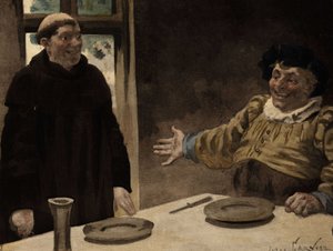 Gargantua inviterer Frere Jean, munk fra klosteret i Seuille, til å dele måltidet sitt. Gargantua. Illustrasjon av Jules Garnier. I «Rabelais og Jules Garniers verk»