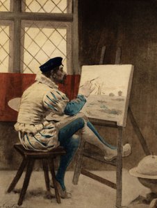 Mann sitter foran lerretet sitt. Gargantua. Illustrasjon av Jules Garnier. I «Rabelais og Jules Garniers verk»