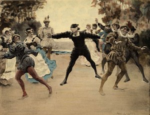 Menn og kvinner som spiller blindmannspolstring. Gargantua. Illustrasjon av Jules Garnier. I «Rabelais og Jules Garniers verk»
