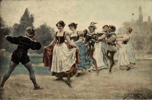 Menn og kvinner som leker med halen ved ulven (ulvehale). Gargantua. Illustrasjon av Jules Garnier. I «Rabelais et l#39;Oeuvre de Jules Garnier»
