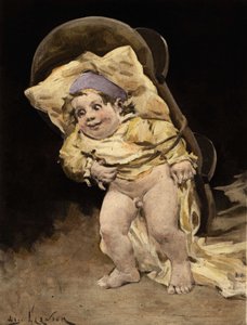 Pantagruel bærer vuggen sin på ryggen. Pantagruel. Illustrasjon av Jules Garnier. I «Rabelais og Jules Garniers verk»