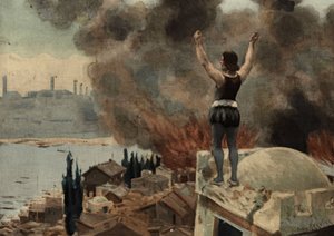 Panurge ser på Mytilene (Tyrkia) i brann. Pantagruel. Illustrasjon av Jules Garnier. I «Rabelais og Jules Garniers verk»