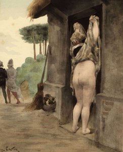 Panzousts Sibylle ruller opp kjolen sin og avdekker rumpa hennes mens Panurge og Epistemon beveger seg unna. Pantagruel. Jules Garniers illustrering. I «Rabelais og Jules Garniers verk»