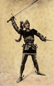 Picrochole, konge av Lerne, iført rustning og viftende med sverdet sitt. Gargantua. Illustrasjon av Jules Garnier. I «Rabelais et l#39;Oeuvre de Jules Garnier»
