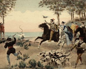 Beboerne i Theleme-klosteret, thelemittene, på jakt. Gargantua. Illustrasjon av Jules Garnier. I «Rabelais og Jules Garniers verk»