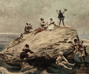 Skoleelever koser seg på den reiste steinen: en stein som Pantagruel installerte på fire søyler i et jorde. Pantagruel. Illustrasjon av Jules Garnier. I «Rabelais et l#39;Oeuvre de Jules Garnier»