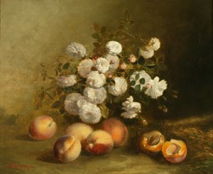 Blomster og aprikoser (olje på lerret) av Jules Bidlingmeyer
