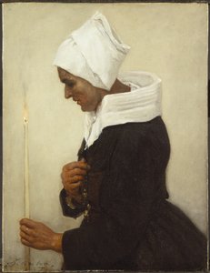 Bretonsk bondekvinne som holder en taper, ca. 1869 av Jules Breton