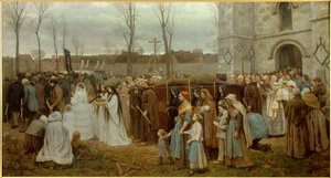 Plantingen av en Golgata-prosesjon foran en bretonsk kirke. Maleri av Jules Breton (1827-1906) 1858 Søn. 1,35x2,5 m Lille, musee des Beaux Arts - Erecting a Calvary. Prosesjon foran en bretonsk kirke. Maleri av Jules Breton (1827-1906), 1858 av Jules Breton