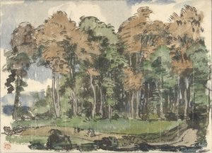 Vei i skogkant, med bønder i arbeid av Jules Chadel