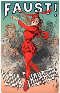 Kunst. Underholdning. Danseren Lydia Thompson som Mephisto. Plakat av Jules Cheret for stykket "Faust", England, ca. 1860-70 (plakat) av Jules Cheret