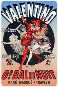 Kunst. Underholdning. Valentino, maskeradeball i Paris. Plakat av Jules Cheret, Frankrike, ca. 1870 (plakat) av Jules Cheret