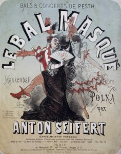 Ball and concert of Pesth: the masked ball (Maskenball, berømt polka av Anton Seifert) - plakat av Jules Cheret, n.d. av Jules Cheret
