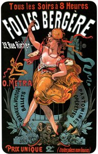 Plakat for Folies-Bergere 1874 av Jules Cheret (1836-1932) - aerobatiske verk, balletter, pantomimer, operetter, dans, danser, musikksal (musikkhall), homofile Paris, Paris om natten - av Jules Cheret