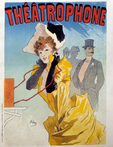 Plakat for teatrofonen: en ung elegante lytter til et teaterstykke til lytterne. Illustrasjon av Jules Cheret (1836-1932) Paris fra 1800-tallet, dekorativ kunst av Jules Cheret