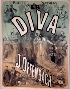 Plakat for operetten "Diva" satt til musikk av Jacques Offenbach (1819-1880) på Parisian Bouffes av Jules Cheret