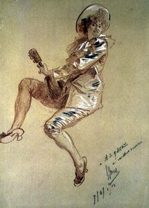 Sittende Pierrette og spiller mandolin av Jules Cheret
