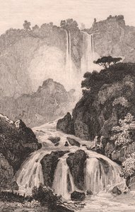 Utsikt over Marmores Falls (Cascata delle Marmore) nær Terni, Umbria, Italia, stålgravering etter tegning av Jules Coignet (1798-1860), ca. 14x20 cm