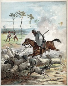 Don Quijote dreper sauer og trodde de var riddere - Don Quijote på hesten gjennomborer sauene han tar for riddere - Illustrasjon av Jules David (1808-1892) fra Histoire de Don Quixote (Don Quixote) - 1887 - av Miguel de Cervantes Saavedra (1547) -1616)