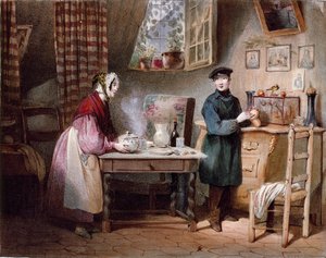 Økonomi. Ungt par i et hus: kvinnen putter en slurk på bordet og mannen legger en mynt i sparegrisen. Fargegravering av Jules David (1800-tallet) Paris, Musee Carnavalet av Jules David