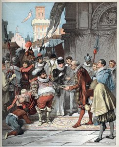Sancho Panza appointed as governor of Barataria island - Sancho Panza is made Perpetual Governor of Barataria Island - Illustration of Jules David (1808-1892) from Histoire de Don Quixote (Don Quixote) - 1887 - by Miguel de Cervantes Saavedra (1547-1616) -