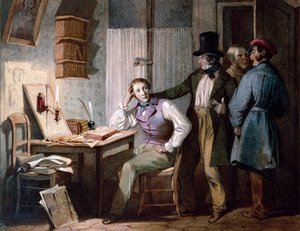 Studere. En flittig student på kontoret hans blir på jobb mens vennene hans går ut. Fargegravering av Jules David (1800-tallet). Paris, Musee Carnavalet av Jules David