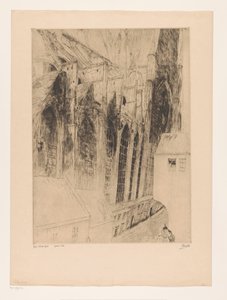 Utsikt over sidefasaden til Sint-Niklaaskerk i Gent Eglise St Nicolas Gand (tittel på objekt) Rue du Chapeau Rouge a Gand av Jules De Bruycker (signed by artist)