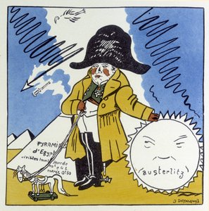 Austerlitz, Jena, Wagram: Karikatur på Napoleon 1. - i "" Histoire de France"" av Jules Depaquit, ill. av seg selv, red. Jonquieres, Paris