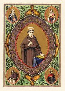 Portrett av Saint Thomas Aquinas, med glorie, fjærpenn og bibel, i en dekorativ kant av løvverk og forgylt av Jules Desportes