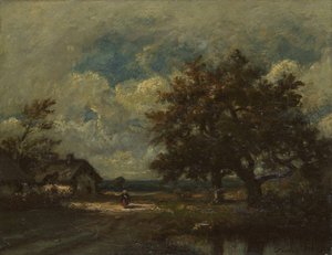 Hytta ved veikanten, Stormy Sky, ca. 1860. av Jules Dupré
