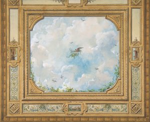 Design for et tak dekorert med skyer og fugler, 1830-97. Skapere: Jules-Edmond-Charles Lachaise, Eugène-Pierre Gourdet.